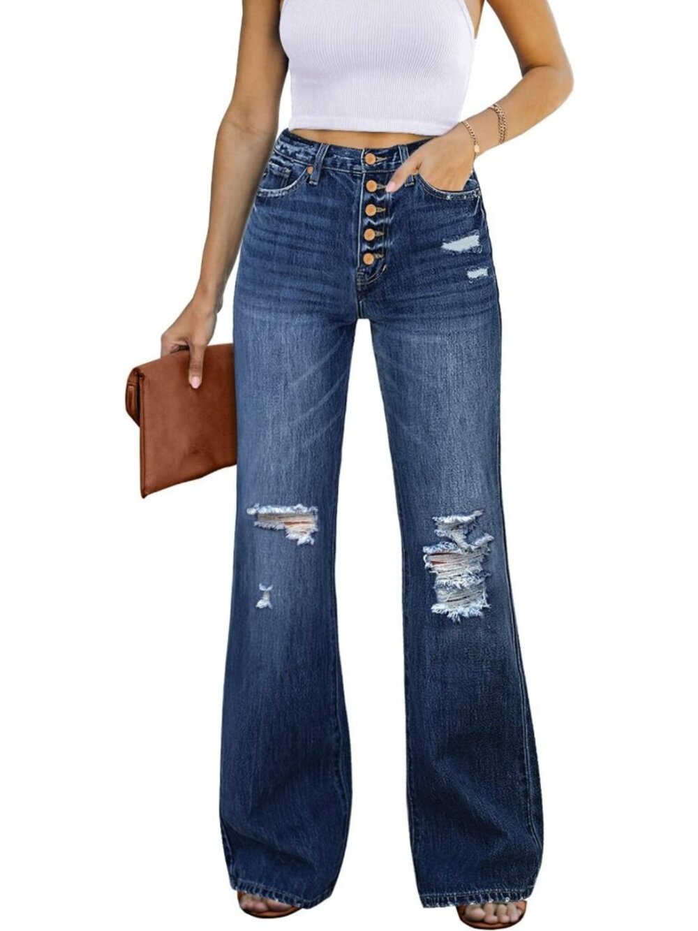 High Waist Relaxed Fit Ripped Flare Jeans for Women - Stretchy Denim Pants